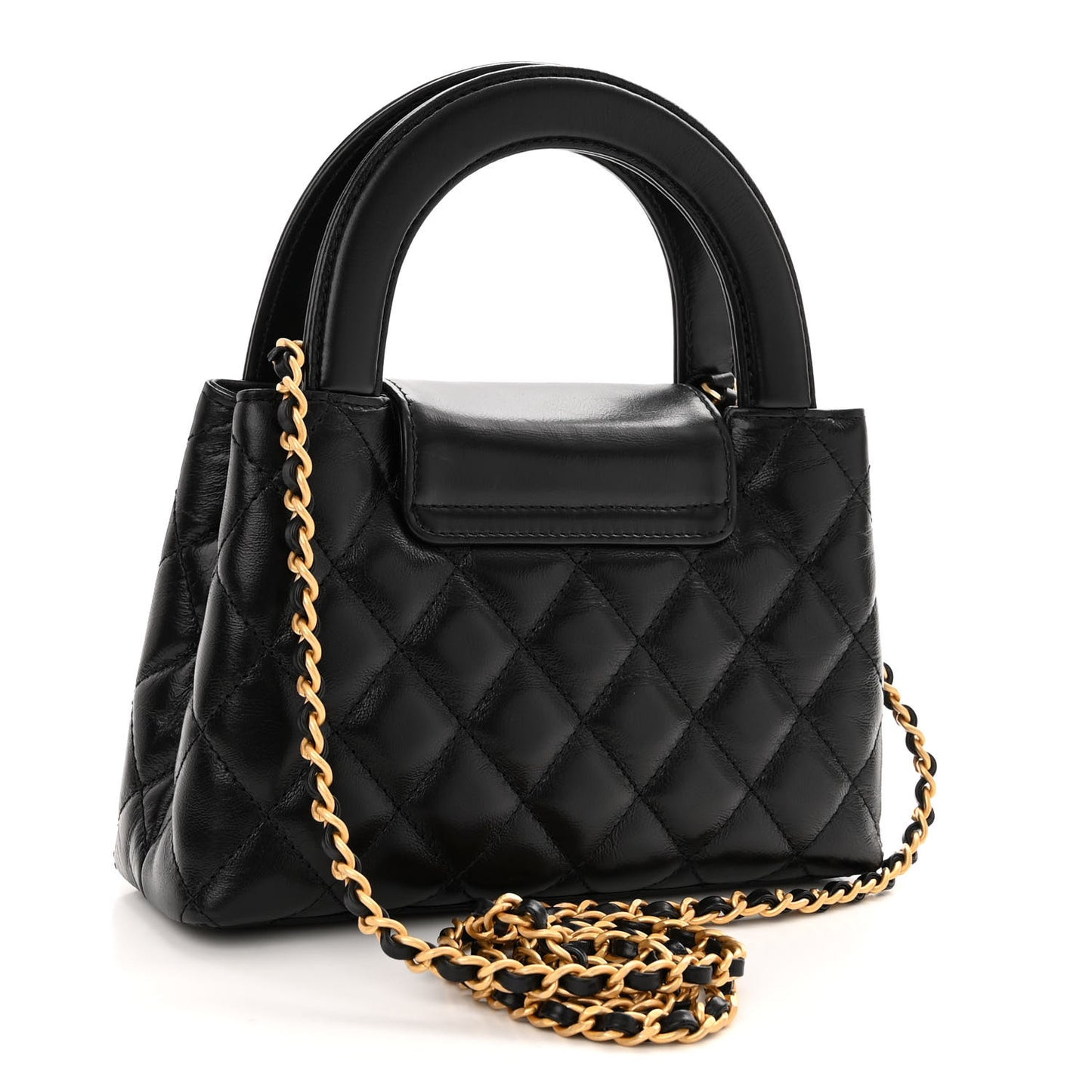 Shiny Aged Calfskin Quilted Nano Kelly Shopper Black