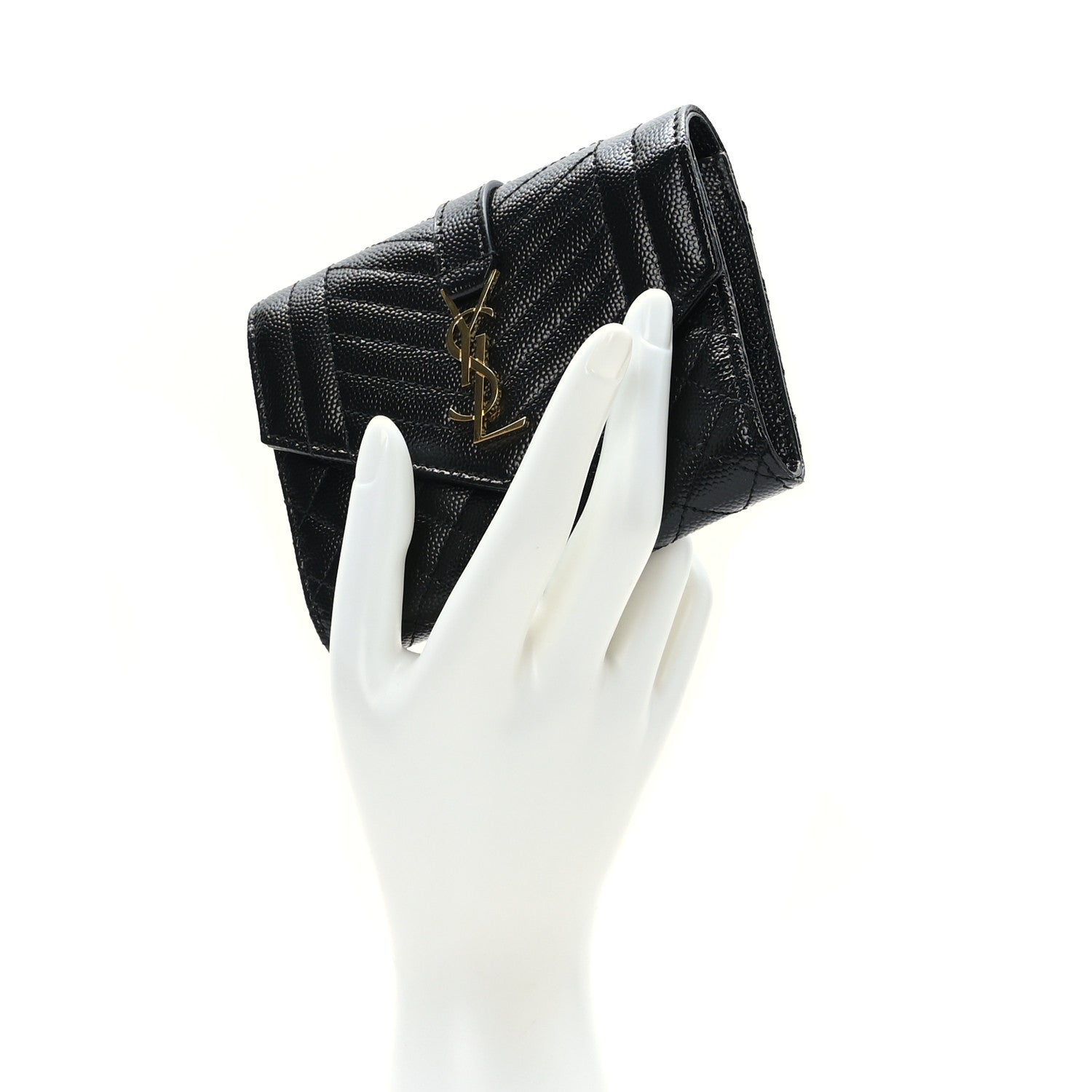 Saint Laurent Grain De Poudre Mixed Matelasse Triquilt Monogram Compact Tri Fold Wallet Black 2 of 6