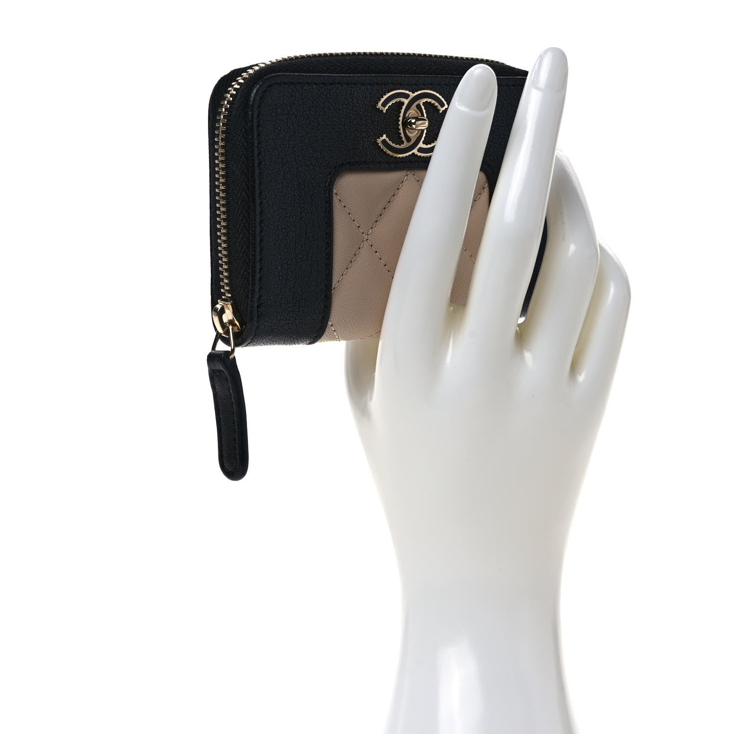 Chanel Sheepskin Quilted Mademoiselle Vintage Zip Coin Purse Beige Black 2 of 8