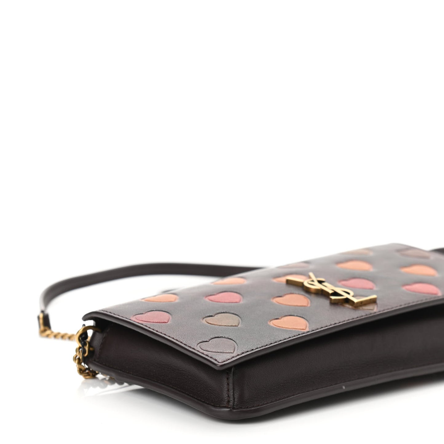 Lambskin Heart Embossed Monogram Chain Wallet Vintage Cognac