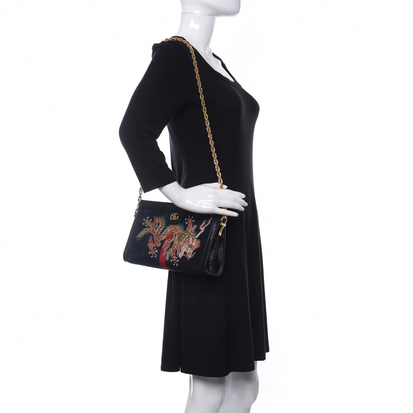 Suede Patent Web Dragon Embroidered Small Ophidia Chain Shoulder Bag Blue Black
