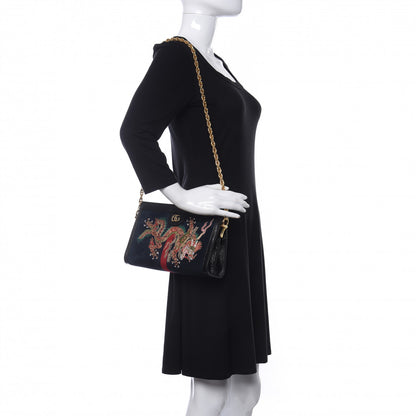 Gucci Suede Patent Web Dragon Embroidered Small Ophidia Chain Shoulder Bag Blue Black 2 of 9