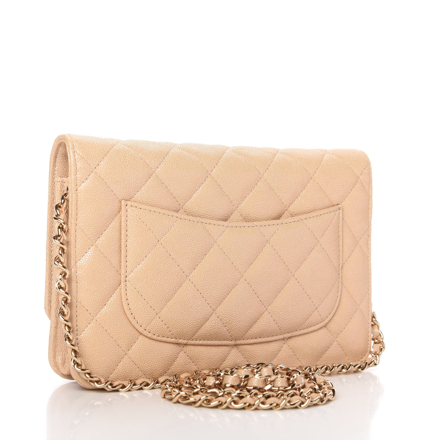 Iridescent Caviar Quilted Wallet On Chain WOC Beige