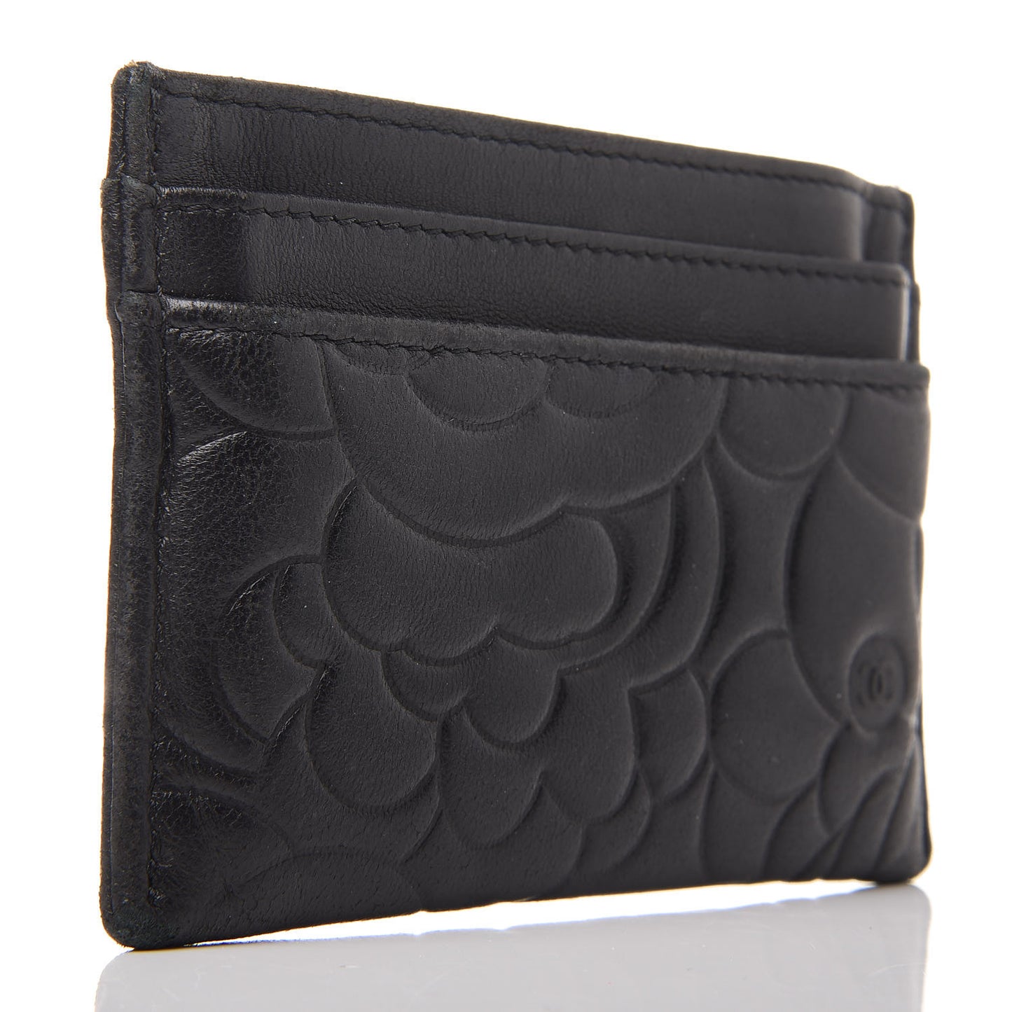 Lambskin Camellia Embossed Card Holder Black