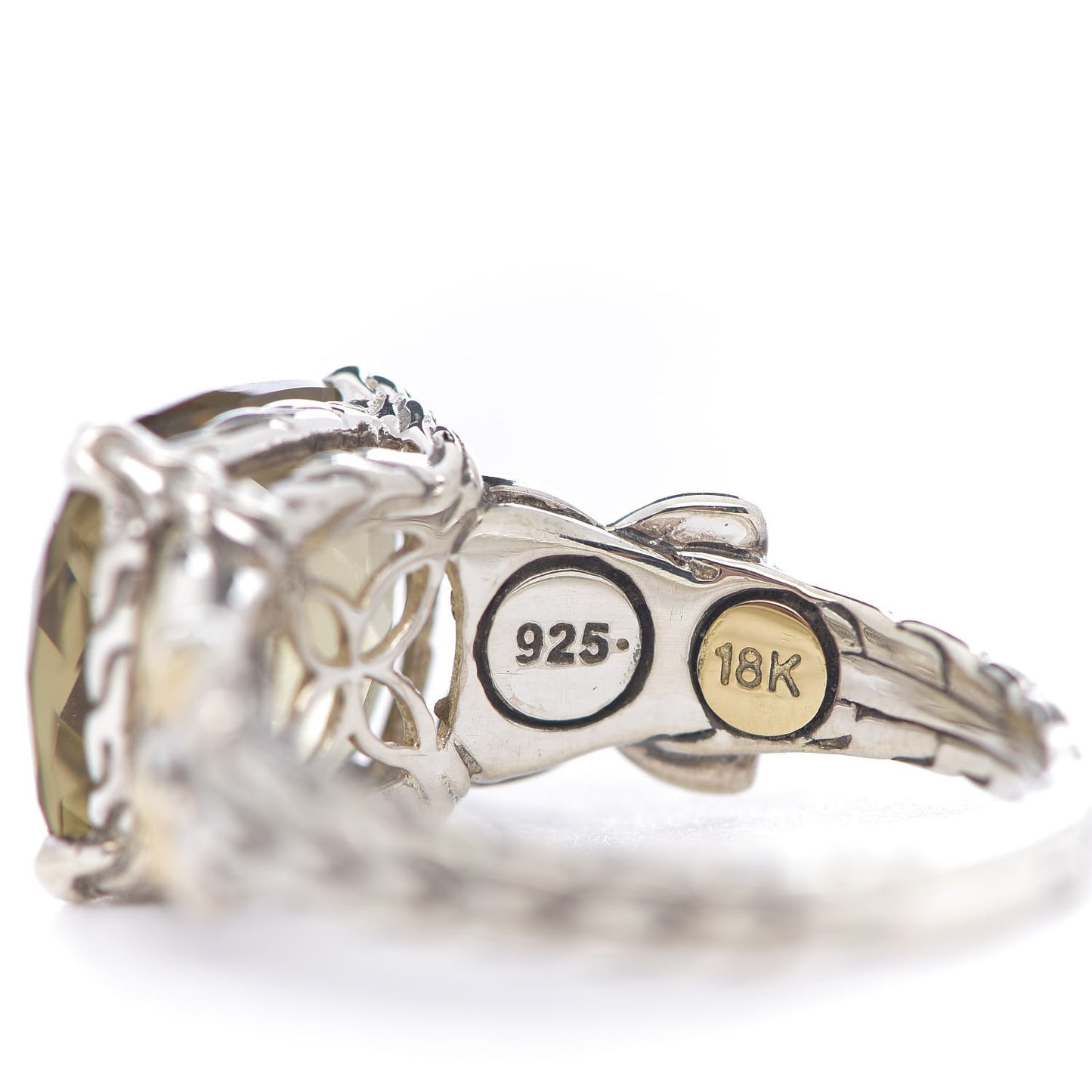 Sterling Silver 18K Yellow Gold Olive Quartz Batu Kawung Ring 54 7