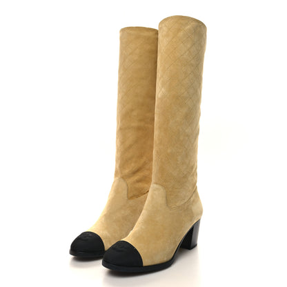 Chanel Suede Grosgrain Stitched CC High Boots 37 Beige Black 3 of 8