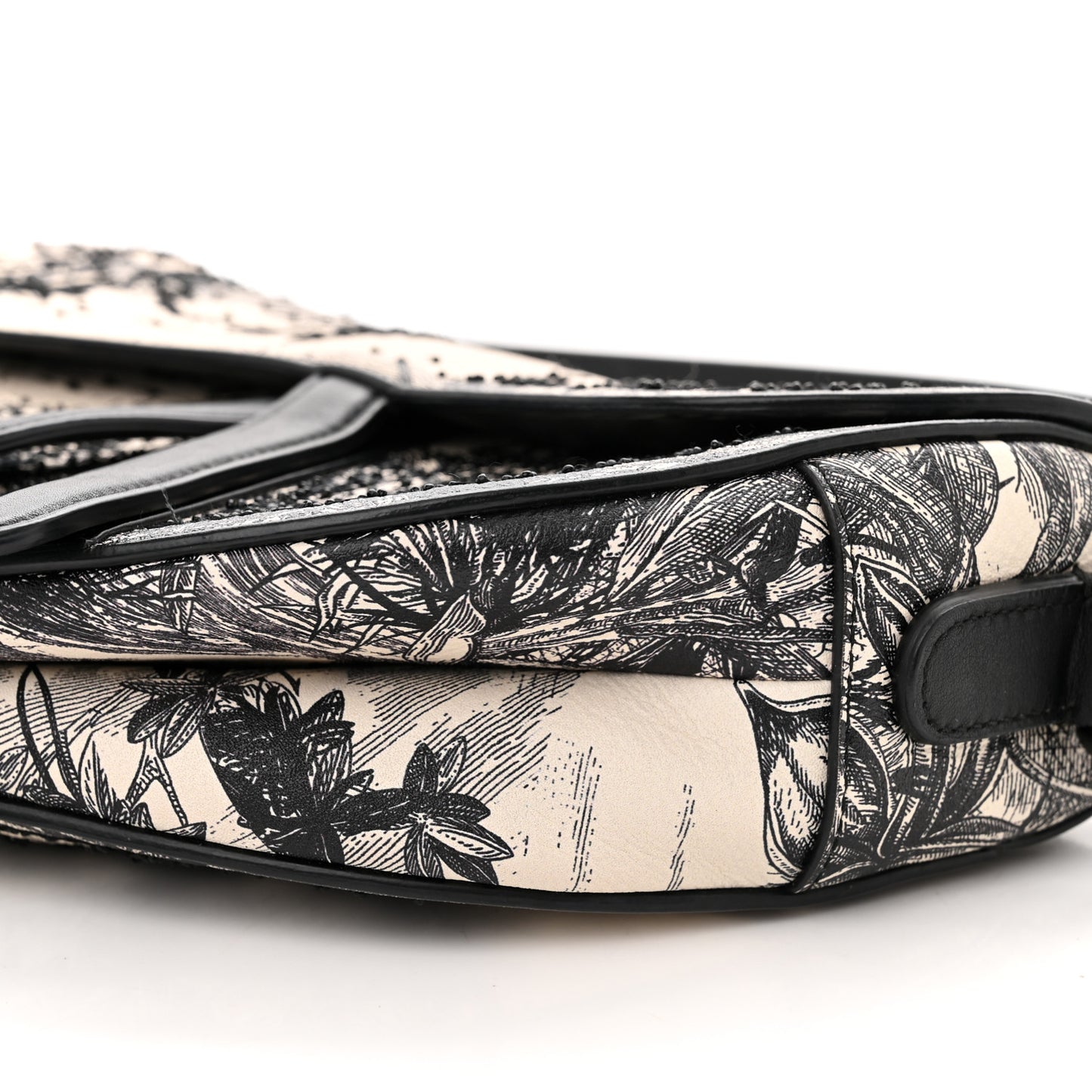 Calfskin Embroidered Palm Tree Toile De Jouy Saddle Bag White Black