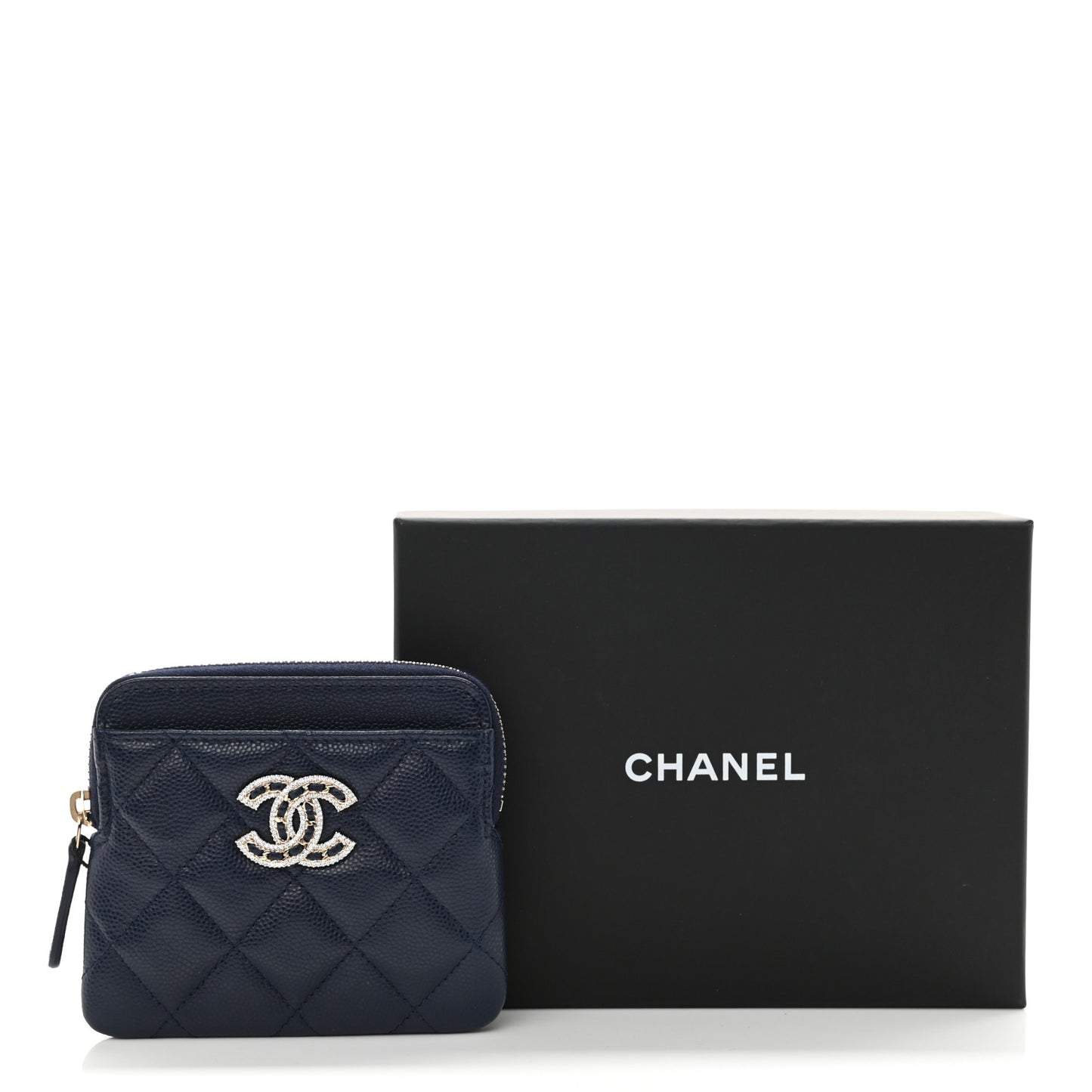 Caviar Quilted Crystal Zip Card Holder Wallet Navy