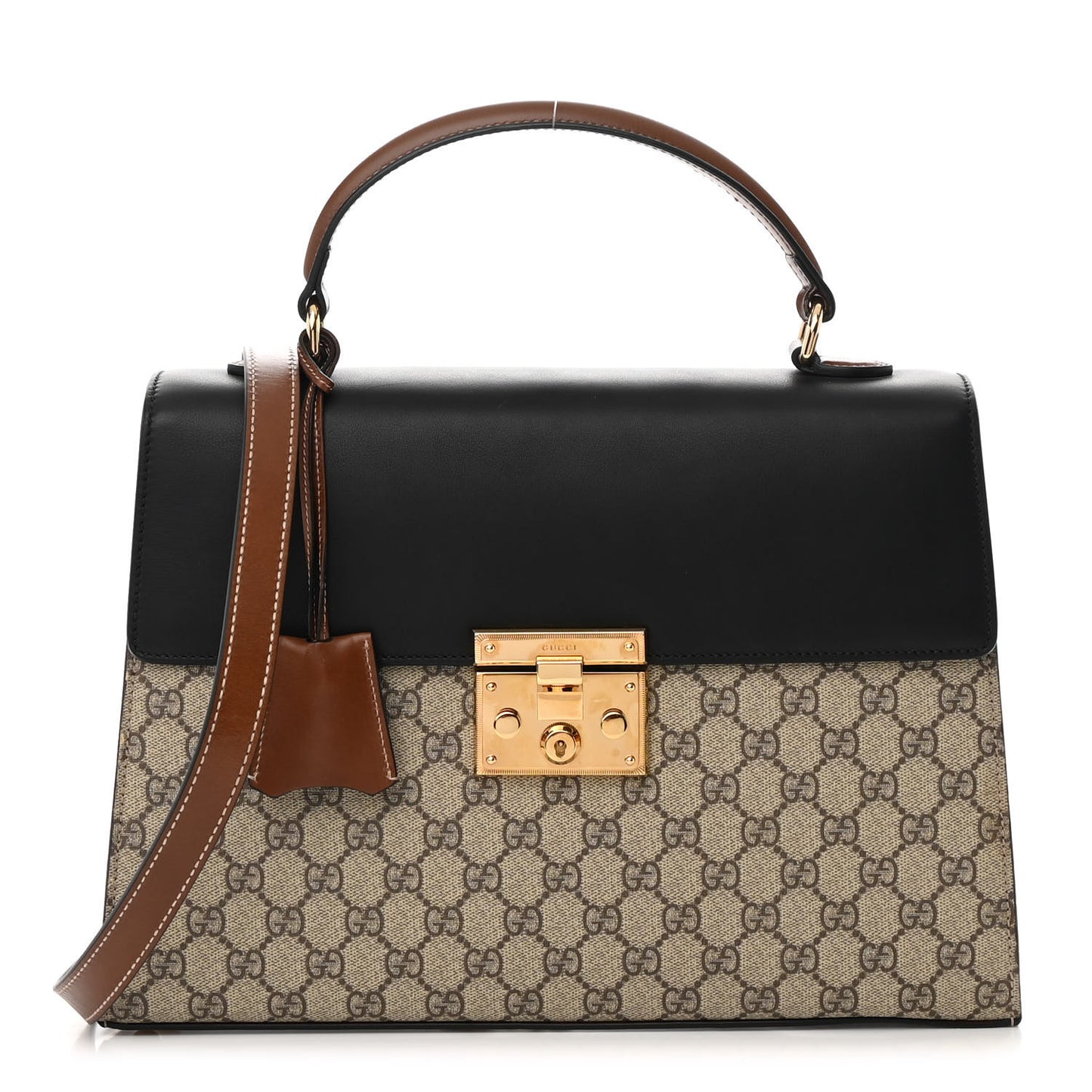 GG Supreme Monogram Calfskin Medium Padlock Top Handle Bag Beige Black Cuir