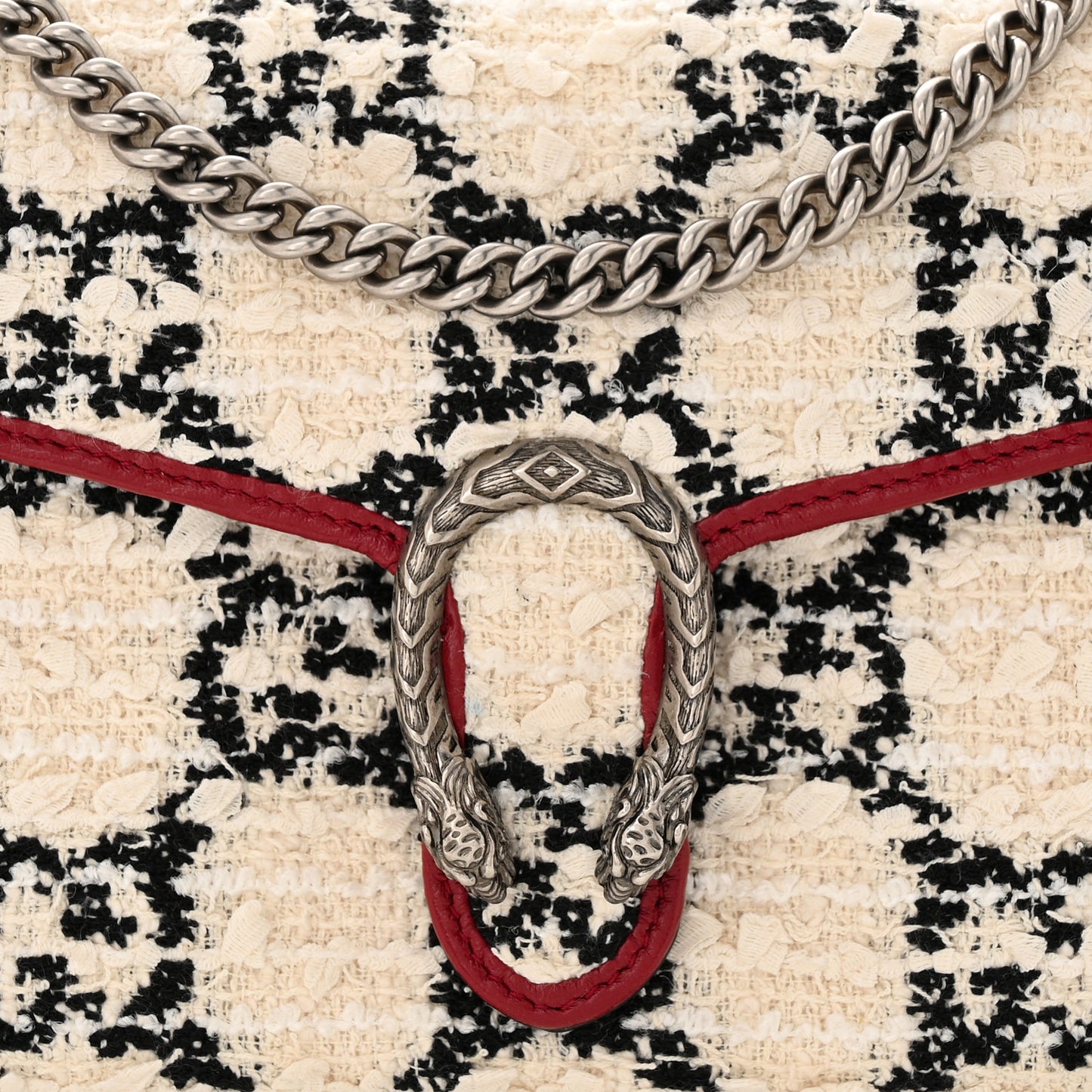 Tweed GG Monogram Mini Dionysus Chain Wallet White Black Romantic Cherry