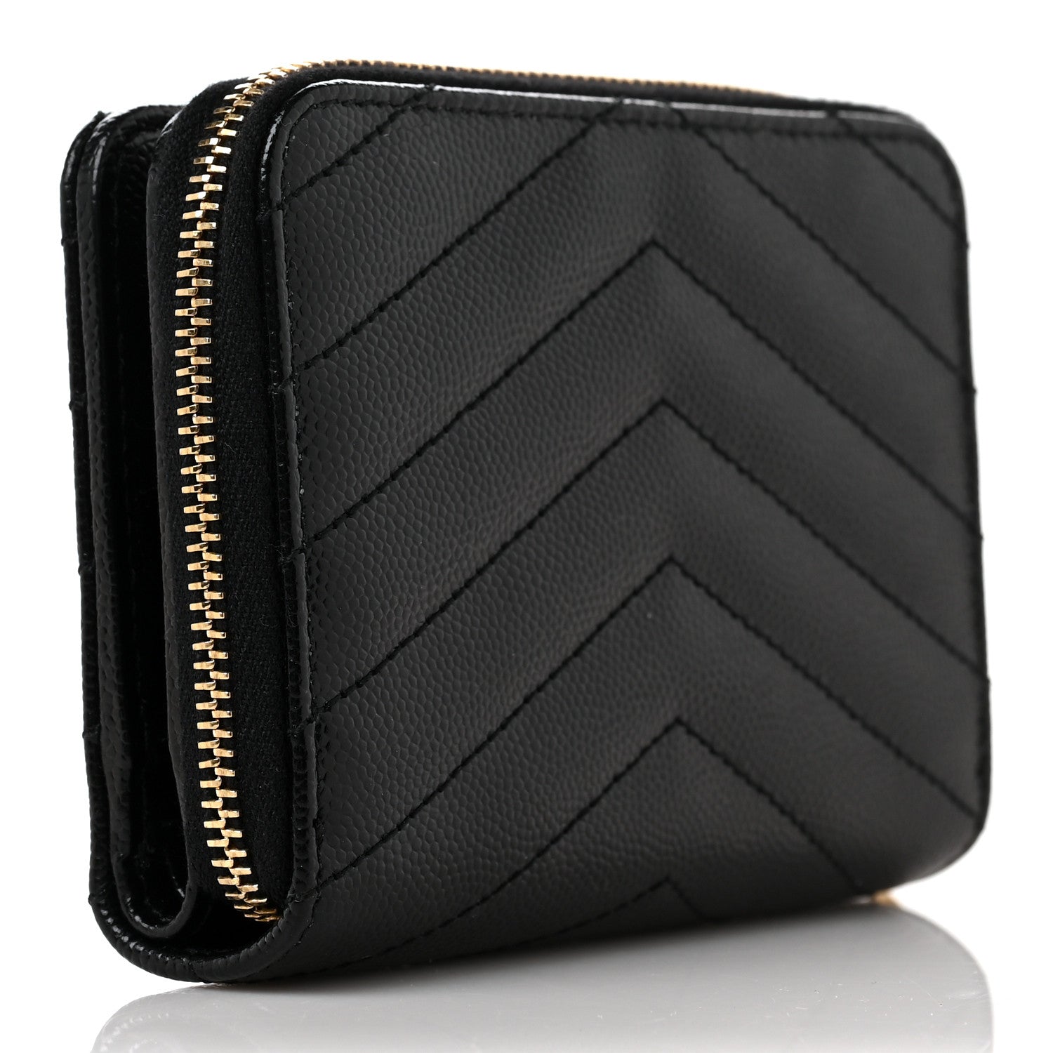 Saint Laurent Grain De Poudre Matelasse Chevron Monogram Compact Zip Around Wallet Black 3 of 9