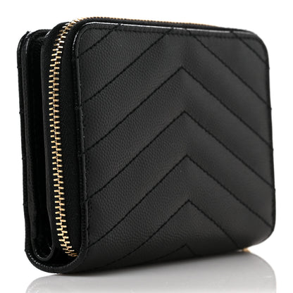 Saint Laurent Grain De Poudre Matelasse Chevron Monogram Compact Zip Around Wallet Black 3 of 9