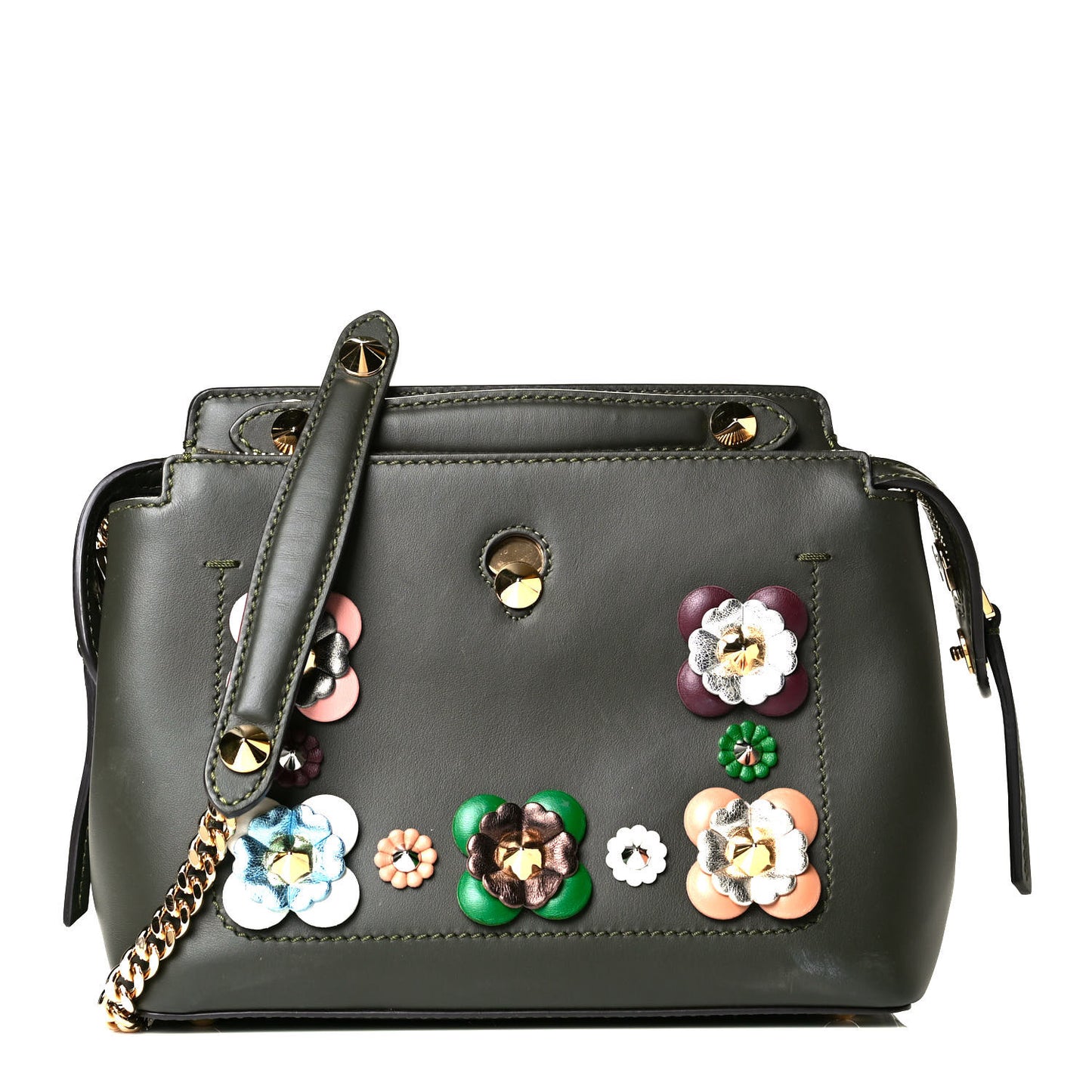 Vitello Baltico Nappa Flowerland Studded Small Dotcom Click Chain Satchel Verde Prato Multicolor