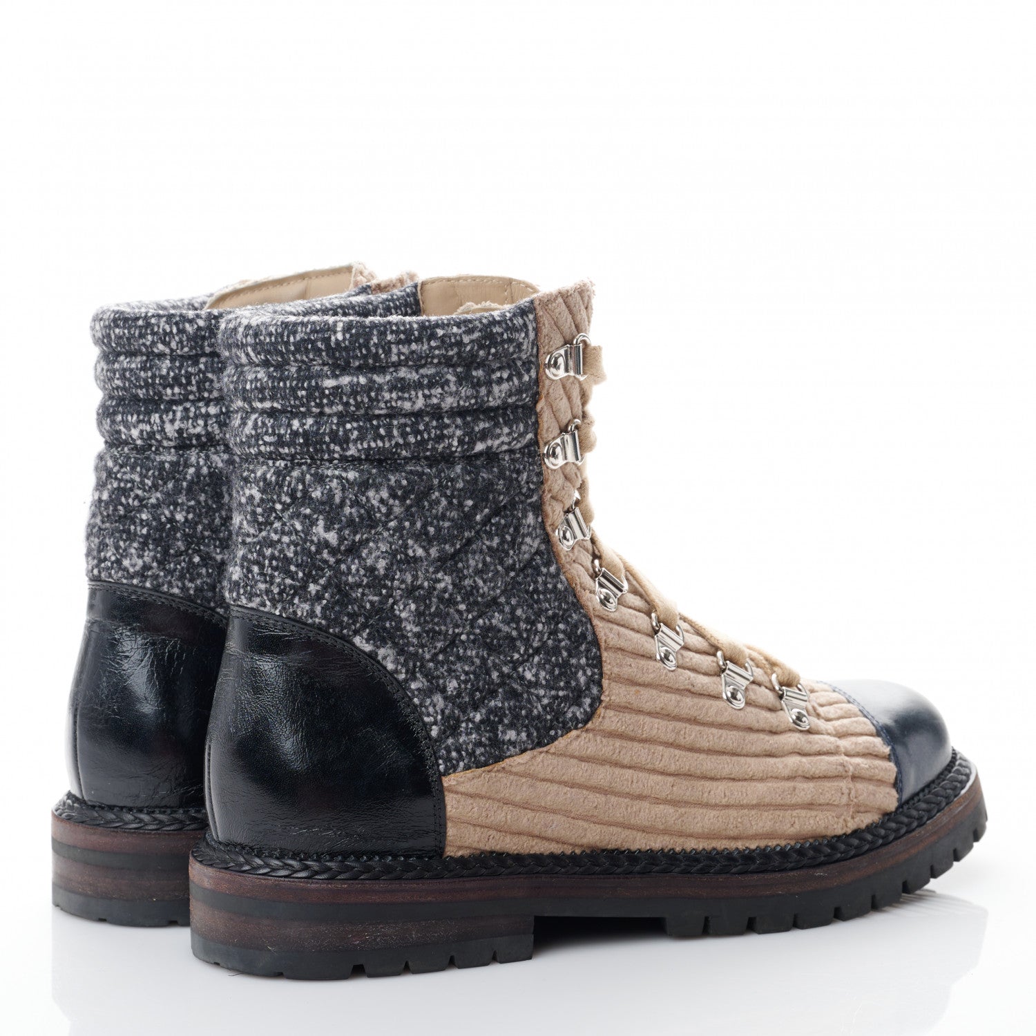 Chanel Tweed Corduroy Calfskin Quilted Lace Up Boots 38 Beige Black 4 of 8