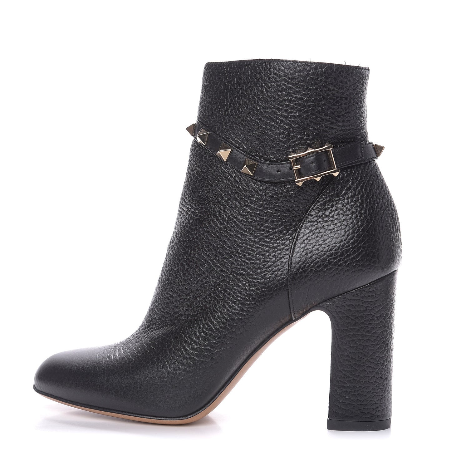 Pebbled Calfskin Rockstud Single Buckle 90mm Block Heel Ankle Boots 35.5 Black