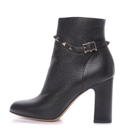 Valentino Garavani Pebbled Calfskin Rockstud Single Buckle 90mm Block Heel Ankle Boots 35.5 Black 1 of 10