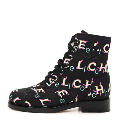 Chanel Tweed Lace Up Short Boots 37 Black Ecru Green Red 1 of 11