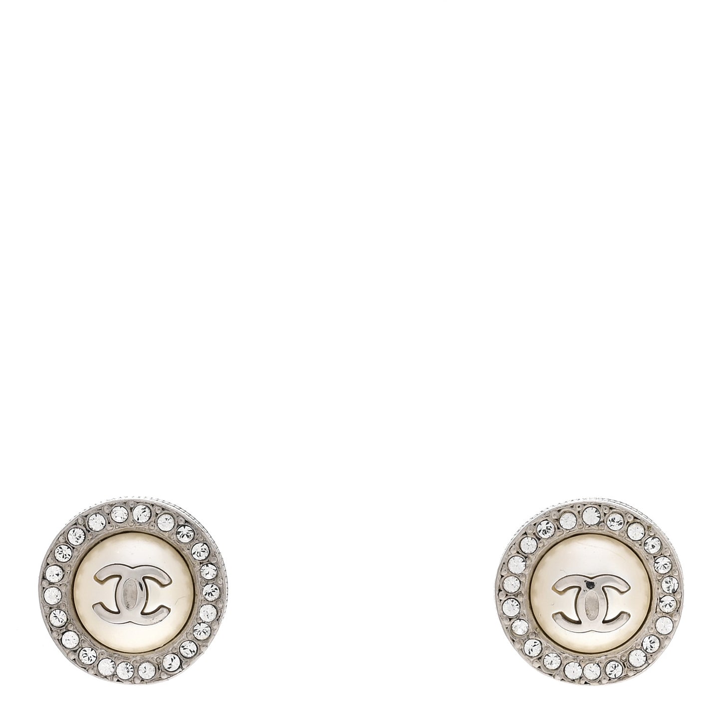 Pearl Crystal CC Round Earrings Silver