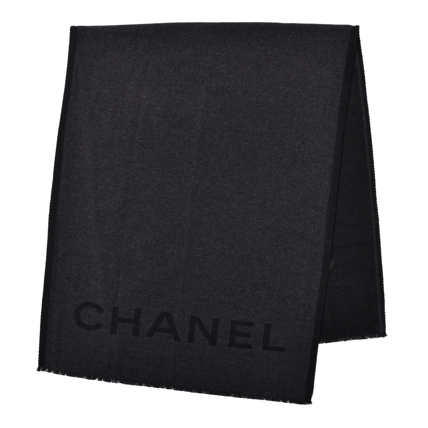 Chanel Cashmere Silk CC Logo Stole Black Dark Grey 2 of 3