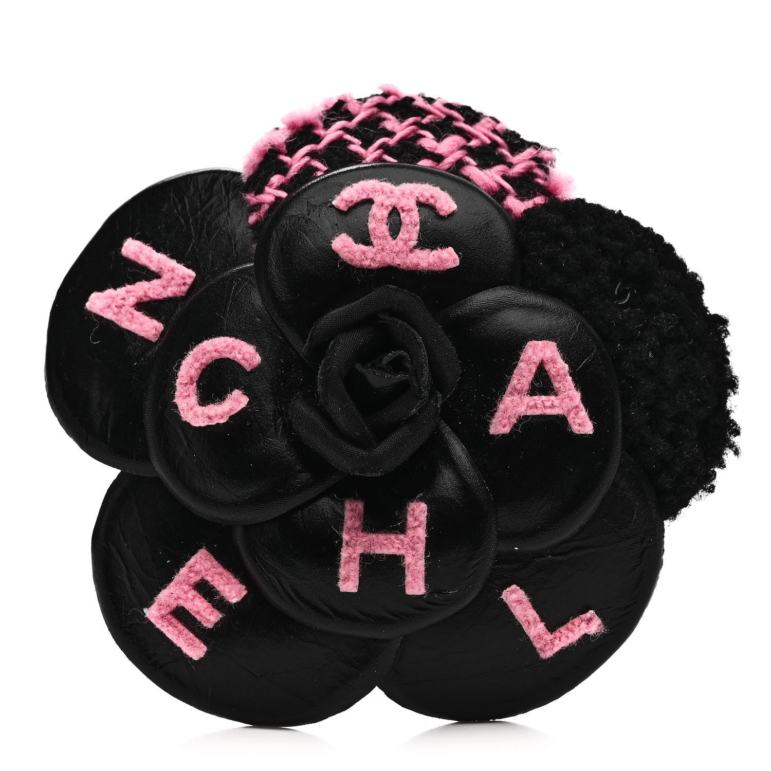 Chanel Lambskin Stitched Camellia CC Brooch Black Pink 1 of 5