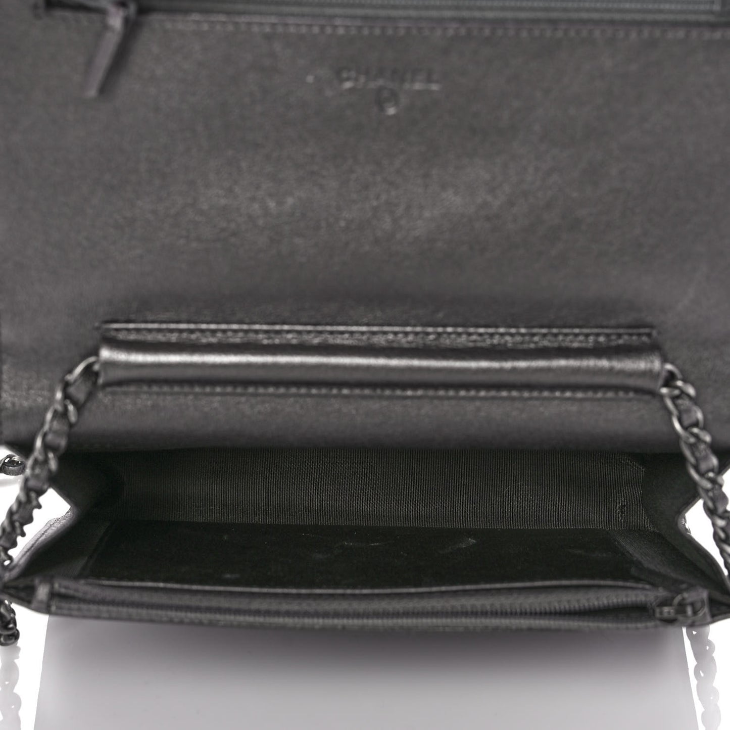 Metallic Calfskin Chevron Quilted Wallet On Chain WOC Dark Silver
