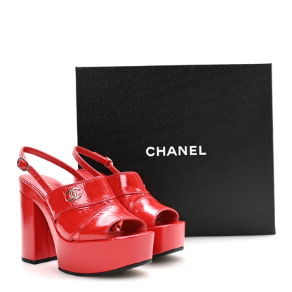 Chanel Crumpled Patent Lambskin Platform Sandals 35.5 Red 9 of 9