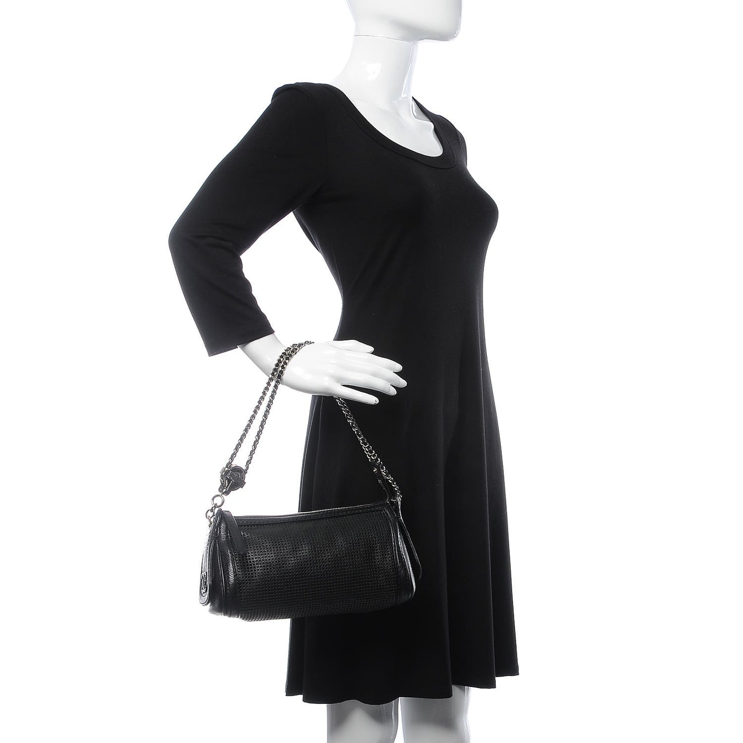 Calfskin Perforated Pulley Shoulder Bag Black
