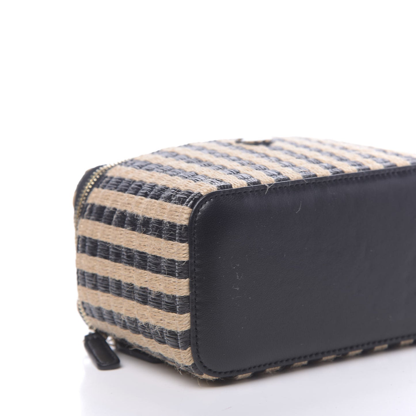 Raffia Jute Striped Small Vanity Case With Chain Black Beige
