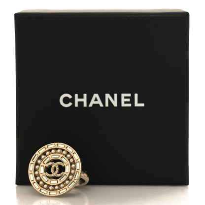 Chanel Pearl Baguette Crystal CC Medallion Ring 54 7 Gold 5 of 5