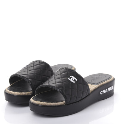 Chanel Lambskin Quilted CC Espadrille Slip On Sandals 38 Black 3 of 10