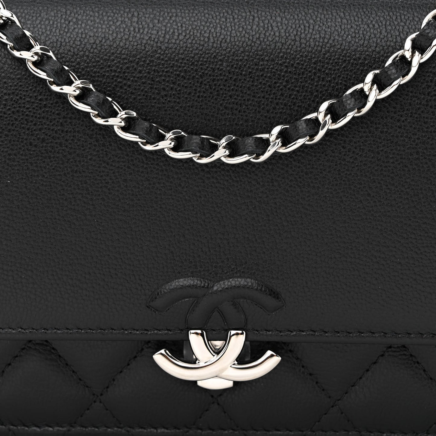 Grained Calfskin Quilted CC Box Wallet On Chain WOC Black