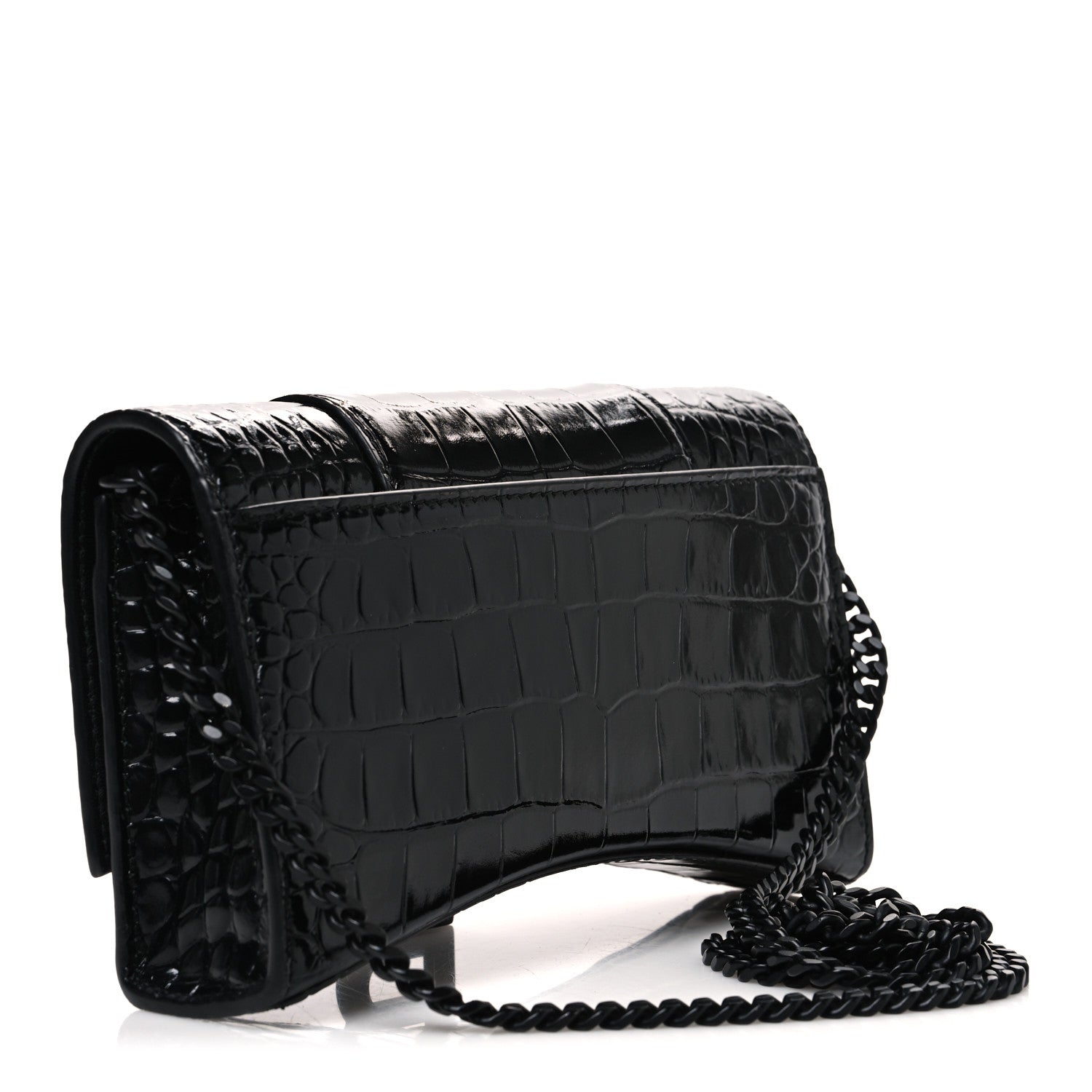 Balenciaga Shiny Calfskin Monochrome Crocodile Embossed Hourglass Chain Bag Black 3 of 10