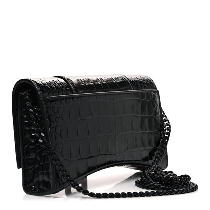Balenciaga Shiny Calfskin Monochrome Crocodile Embossed Hourglass Chain Bag Black 3 of 10