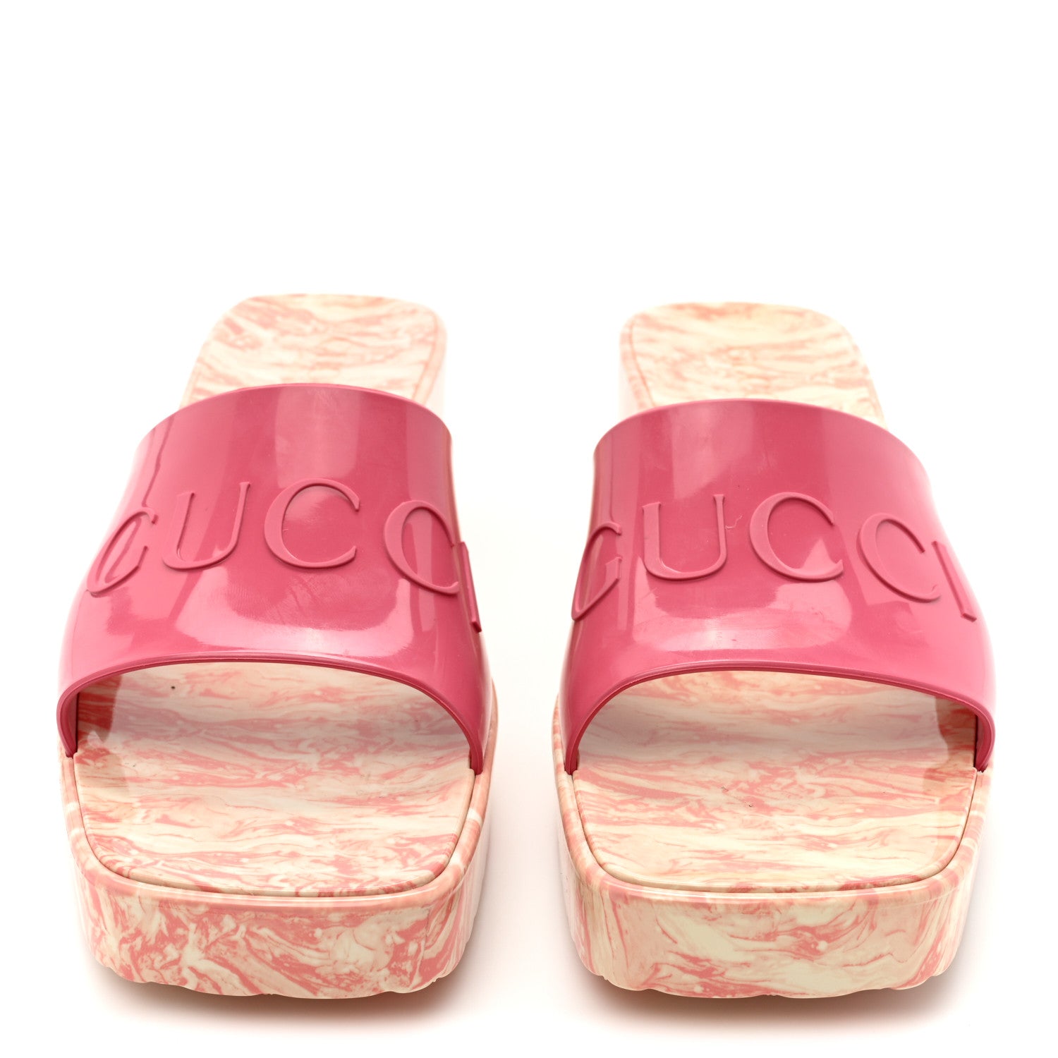 Gucci Shiny Rubber Gucci Logo Womens Platform 20/60mm Slide Sandals 39 Wild Rose 2 of 10