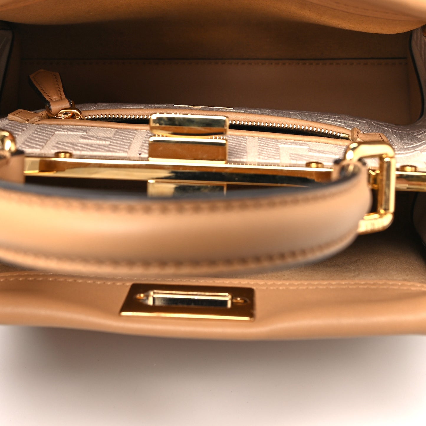 Vitello Seta Canvas FF Embroidered Mini Peekaboo Iconic Satchel Miele Scuro Poudre