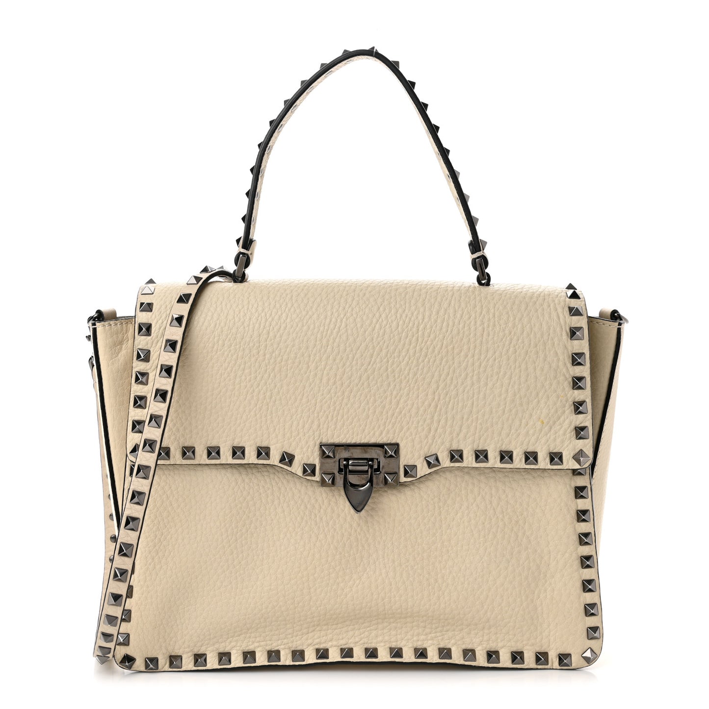 Grained Calfskin Rockstud Top Handle Flap Shoulder Bag Light Ivory