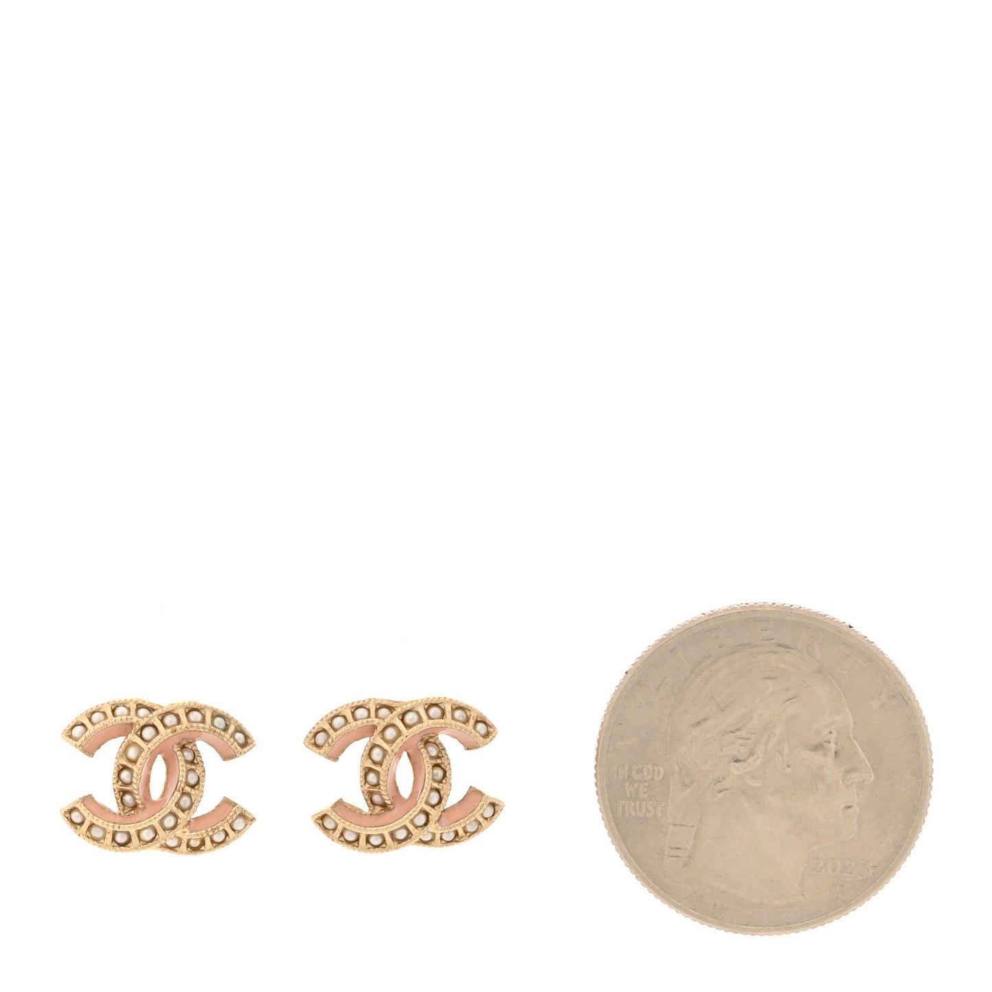 Metal Pearl Enamel CC Clip On Earrings Gold Pink