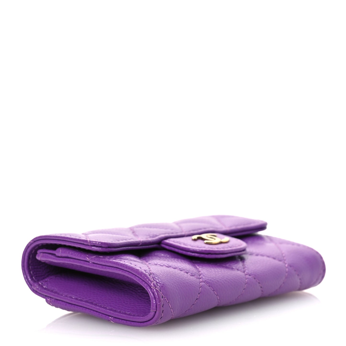 Caviar Quilted Flap Card Holder Wallet Purple