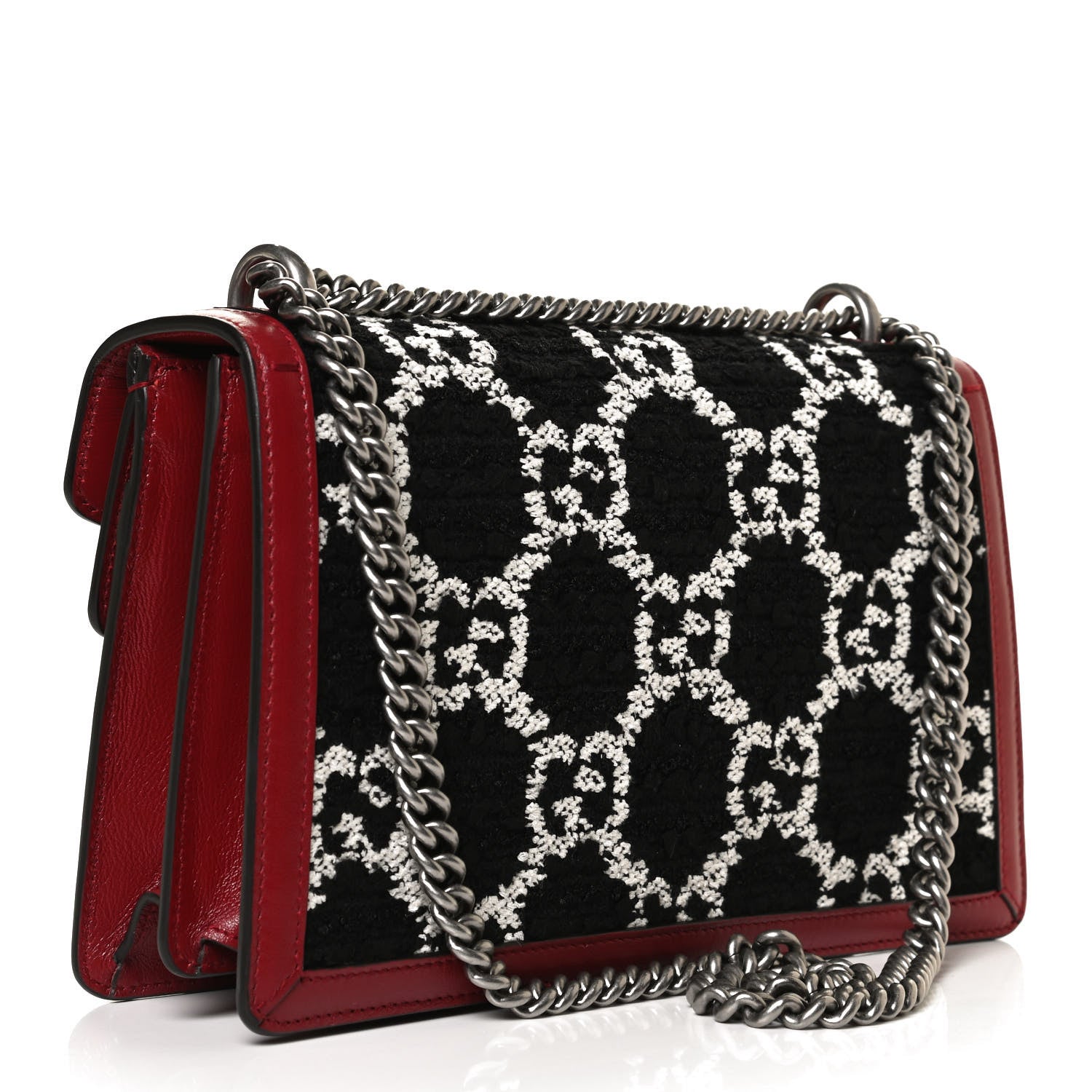 Gucci Tweed GG Monogram Small Dionysus Shoulder Bag Black White Romantic Cherry 3 of 12