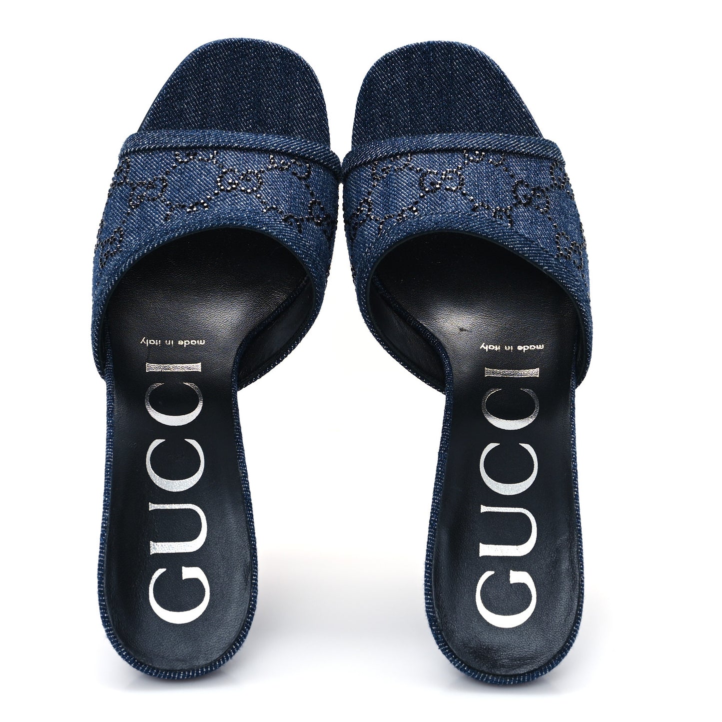 Denim Crystal GG Monogram Mules 38 Blue