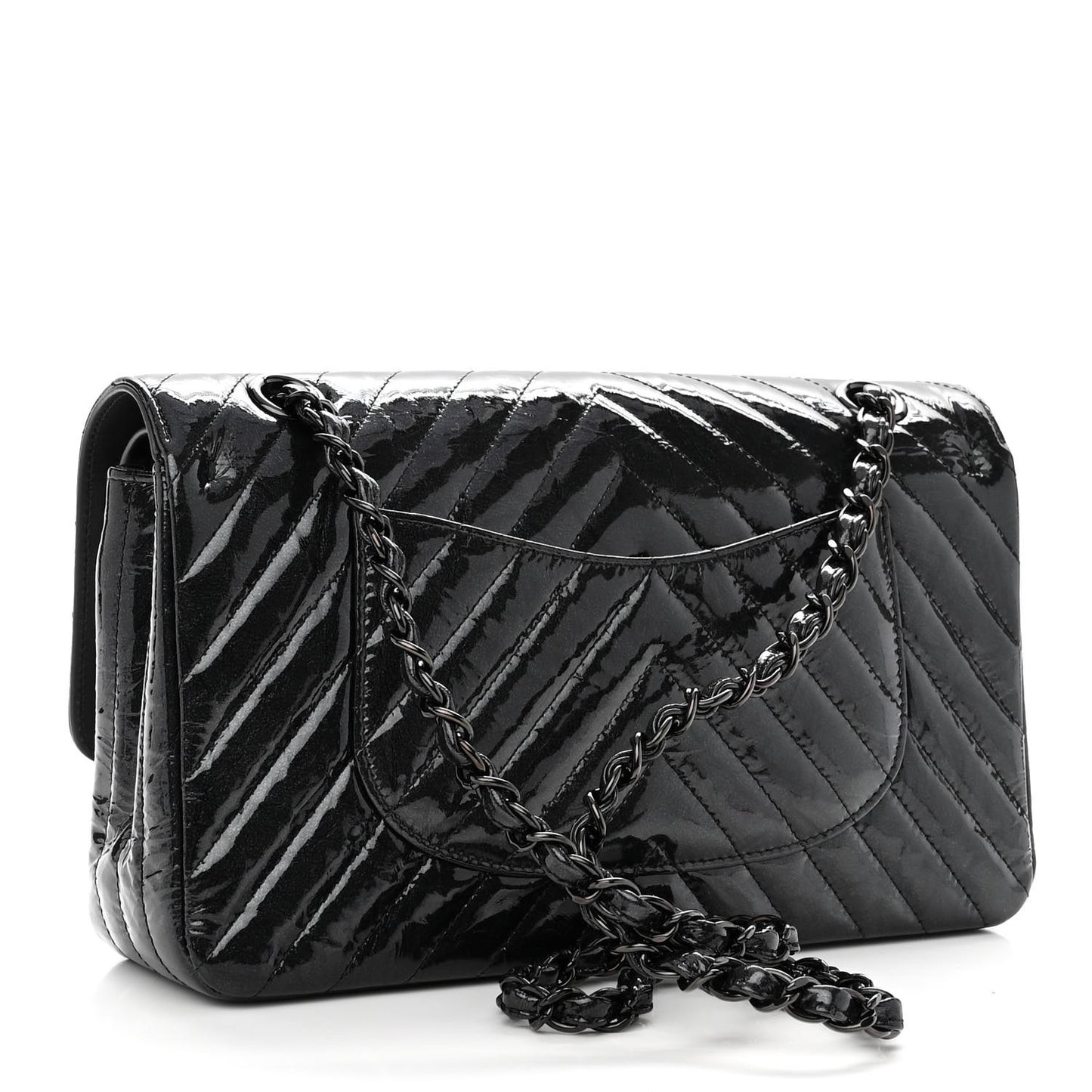 Metallic Patent Crumpled Calfskin Chevron Quilted Medium Double Flap So Black