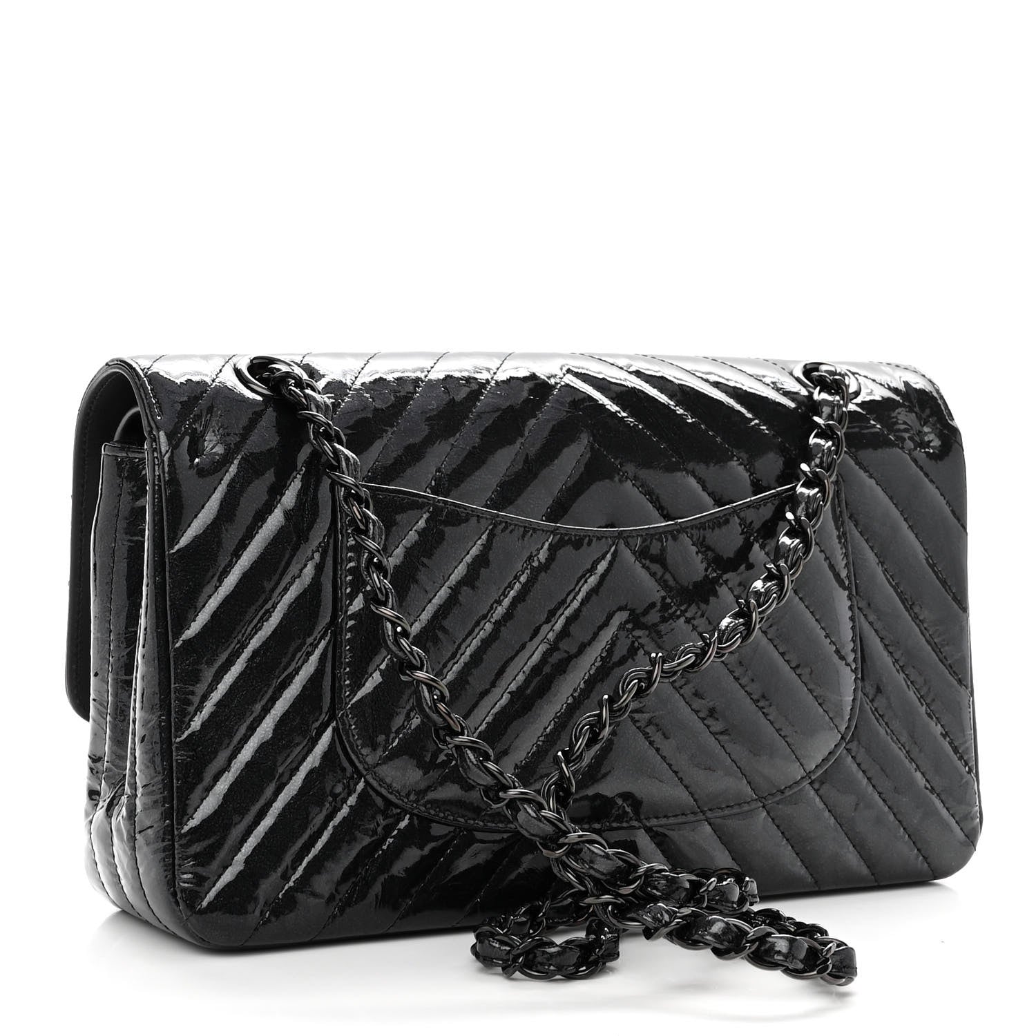 Chanel Metallic Patent Crumpled Calfskin Chevron Quilted Medium Double Flap So Black 3 of 10