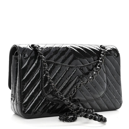 Chanel Metallic Patent Crumpled Calfskin Chevron Quilted Medium Double Flap So Black 3 of 10