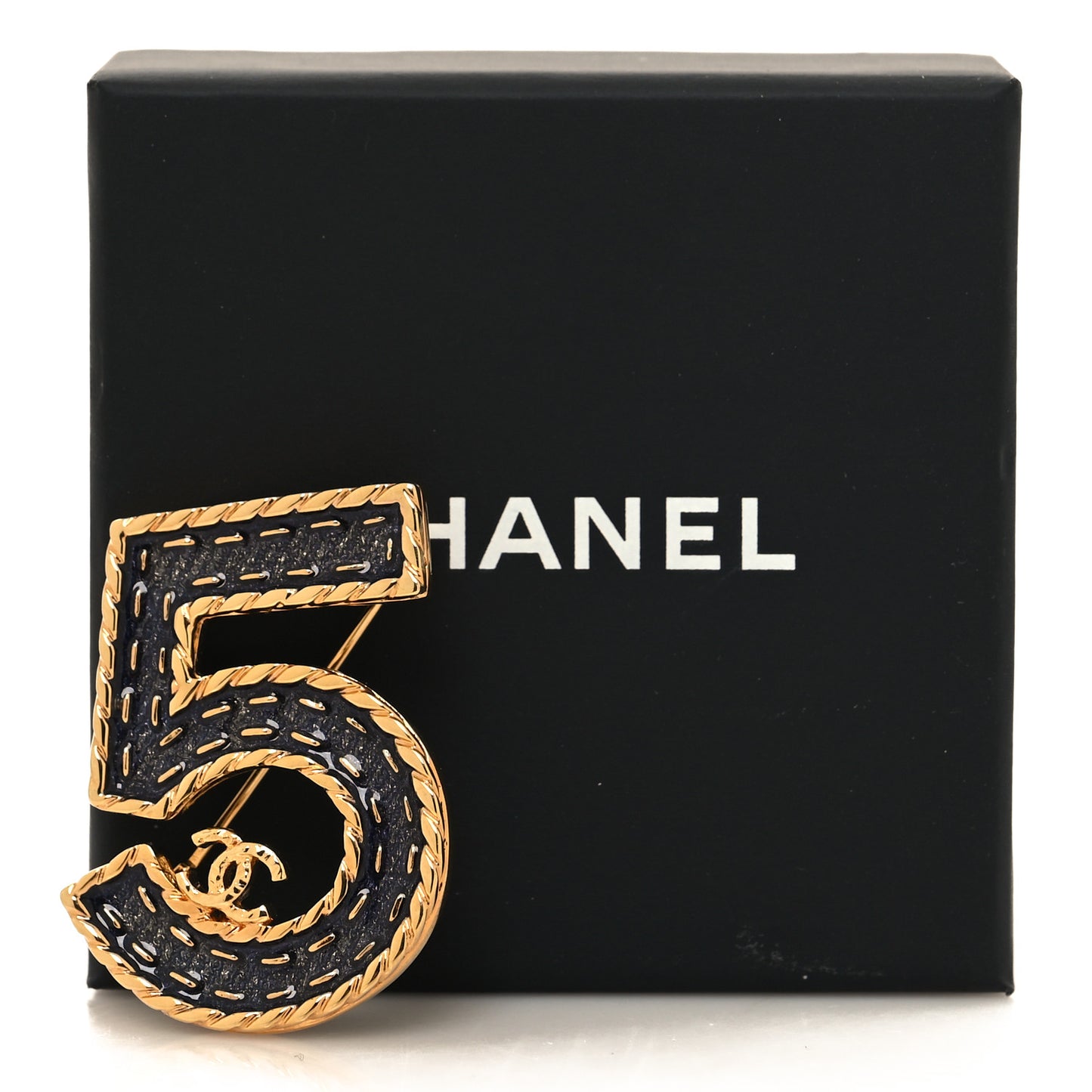 Metal Enamel CC No 5 Rope Brooch Gold Denim Blue