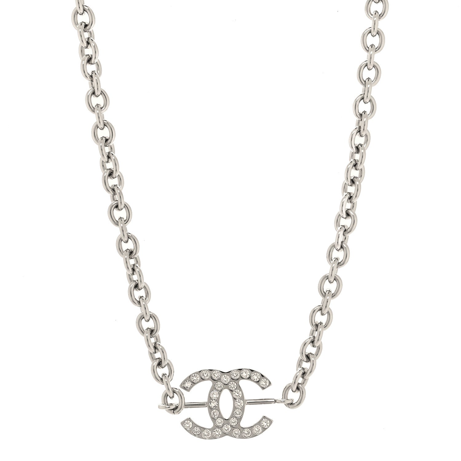 Chanel Metal Strass Chain Link Necklace Silver 1 of 5