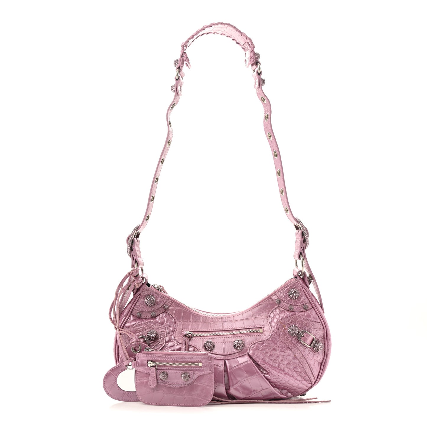 Metallic Extra Supple Calfskin Crystal Crocodile Embossed Small Le Cagole Shoulder Bag Pink