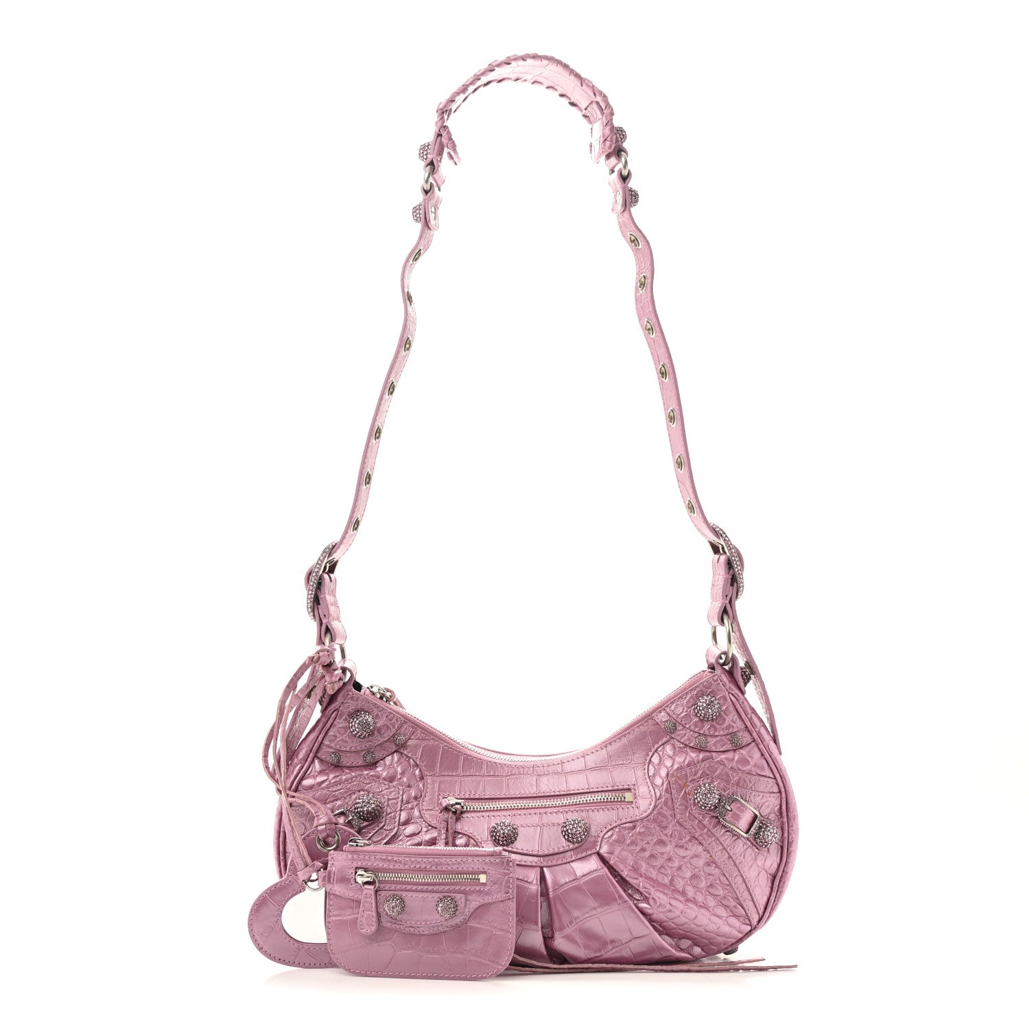 Balenciaga Metallic Extra Supple Calfskin Crystal Crocodile Embossed Small Le Cagole Shoulder Bag Pink 3 of 16