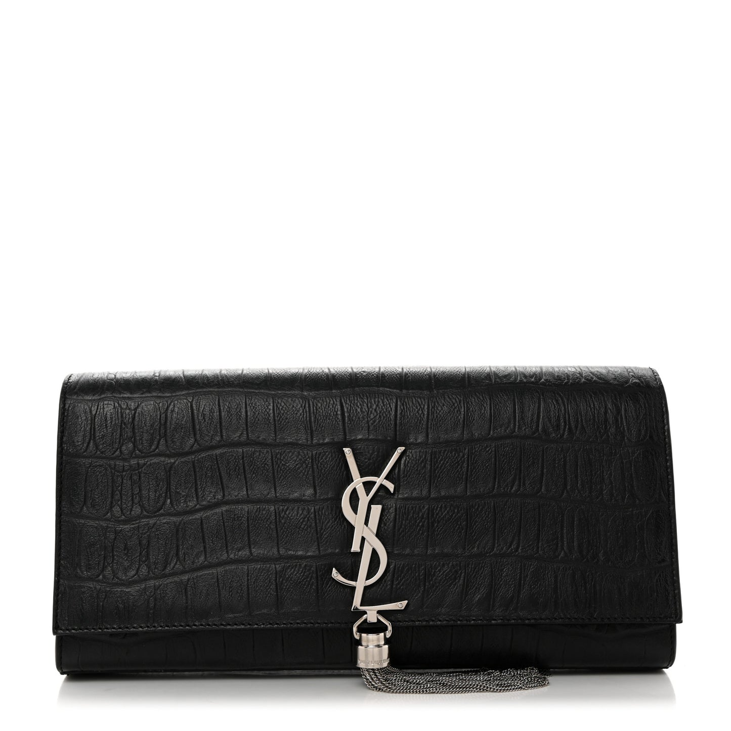 Calfskin Crocodile Embossed Classic Monogram Tassel Clutch Black