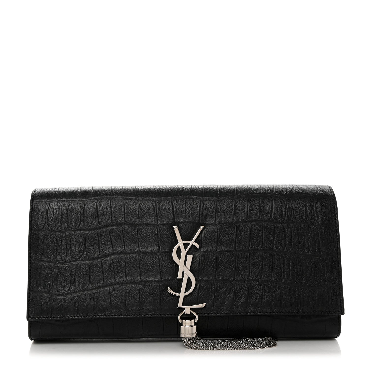 Saint Laurent Calfskin Crocodile Embossed Classic Monogram Tassel Clutch Black 1 of 10
