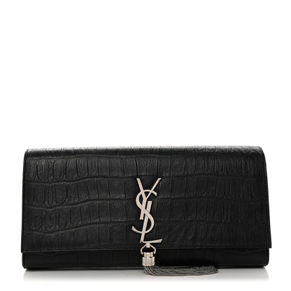 Saint Laurent Calfskin Crocodile Embossed Classic Monogram Tassel Clutch Black 1 of 10